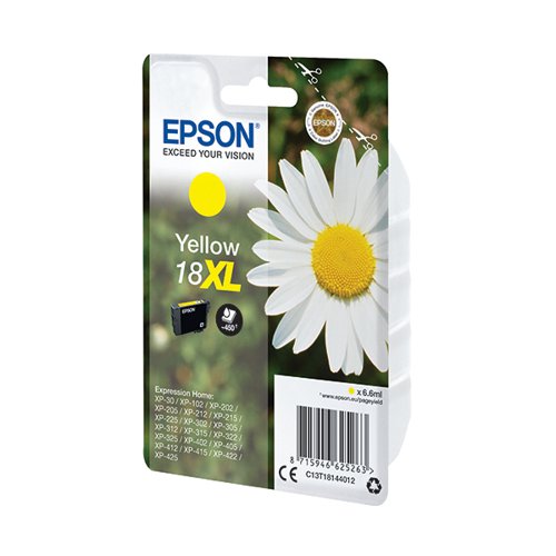 This Epson 18XL Yellow Inkjet Cartridge is for use with Epson Expression Home XP-30, 102, 202, 205, 212, 215, 225, 305, 312, 315, 322, 325, 405, 412, 415, 422, and 425 printers. Each high yield cartridge contains 6.6ml of ink. This pack contains 1 yellow ink cartridge.