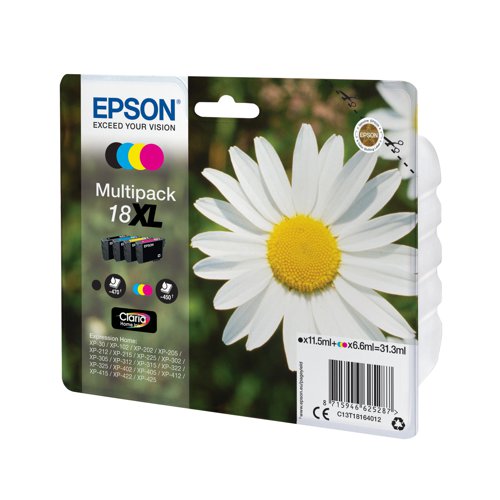 Epson 18XL Claria Home Ink set is a high yield, versatile, four-colour multipack cartridge set that delivers crisp, clear text documents and glossy, lab-quality photos. It is ideal for affordable, reliable printing without compromise. Pack contains one of each: T1811 (Black), T1812 (Cyan), T1813 (Magenta), T1814 (Yellow).