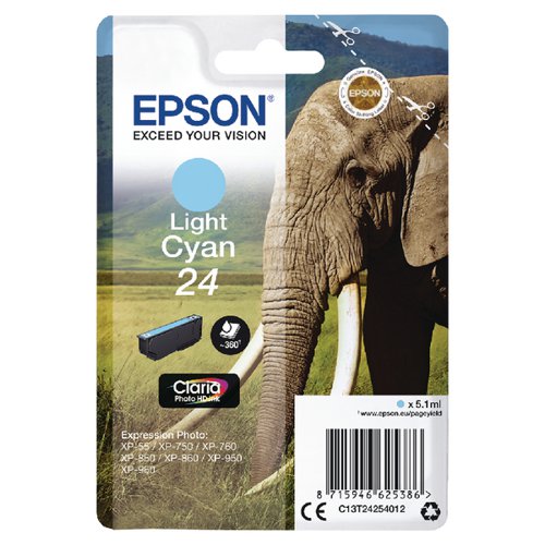 Epson 24 Elephant Ink Cartridge Bright Cyan Page Life 360pp 5ml C13T24254012