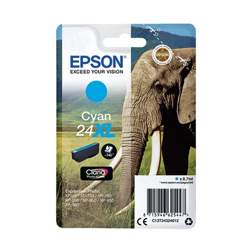 Epson 24XL Elephant Ink Cartridge Cyan Page Life 740pp 8.7ml C13T24324012