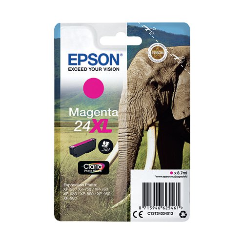 Epson 24XL Ink Cartridge Photo HD Claria Elephant Magenta C13T24334012 EP62546 Buy online at Office 5Star or contact us Tel 01594 810081 for assistance