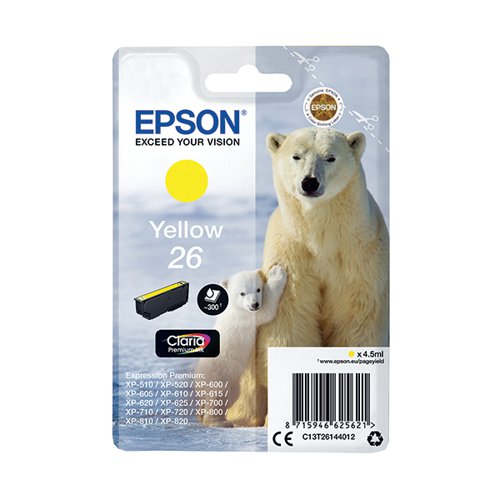 Epson 26 Ink Cartridge Premium Claria Polar Bear Yellow C13T26144012 EP62562 Buy online at Office 5Star or contact us Tel 01594 810081 for assistance