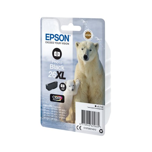 This Epson 26 XL Photo Black Inkjet Cartridge produces high quality print output from your Epson Expression Premium inkjet printer. As a genuine Epson consumable, it provides consistent and reliable operation for trouble-free printing. This cartridge contains 8.7ml of photo black ink.