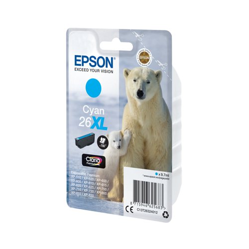 This Epson 26 XL Cyan Inkjet Cartridge produces high quality print output from your Epson Expression Premium inkjet printer. As a genuine Epson consumable, it provides consistent and reliable operation for trouble-free printing. This cartridge contains 9.7ml of cyan ink.