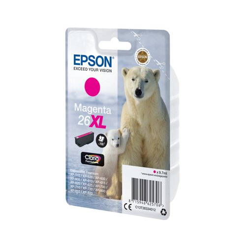 This Epson 26 XL Magenta Inkjet Cartridge provides high quality print output from your Epson Expression Premium inkjet printer. As a genuine Epson consumable, it produces consistent and reliable operation for trouble-free printing. This cartridge contains 9.7ml of magenta ink.