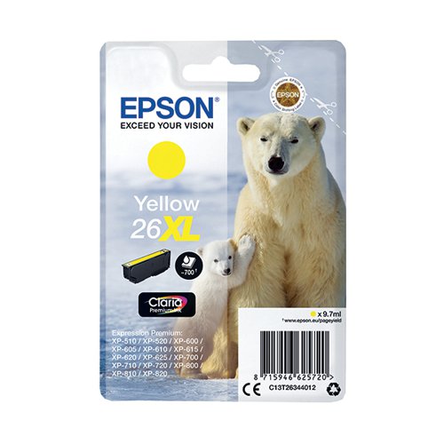 Epson 26XL Ink Cartridge Premium Claria Polar Bear Yellow C13T26344012