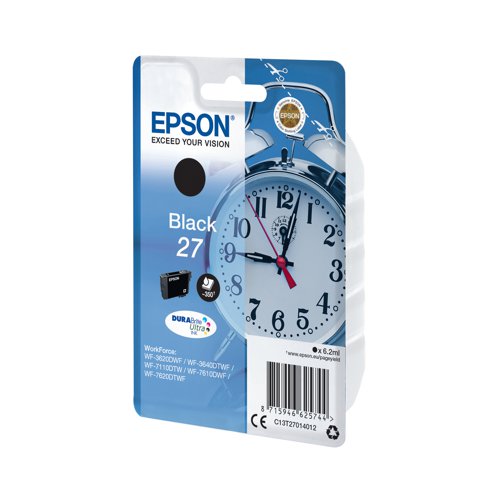 This Epson 27 Black Inkjet Cartridge ensures high quality print output from your Epson WorkForce inkjet printer. As a genuine Epson consumable, it ensures consistent and reliable operation for trouble-free printing when you need it most, and is packed with 6.2ml of black ink. Epson ensures that every cartridge meets its high standards and works with your machine to provide precise, clear printing.