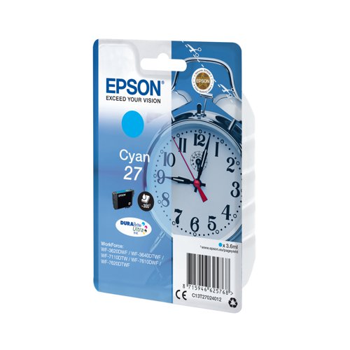 Epson 27 Ink Cartridge DURABrite Ultra Alarm Clock Cyan C13T27024012 Inkjet Cartridges EP62576