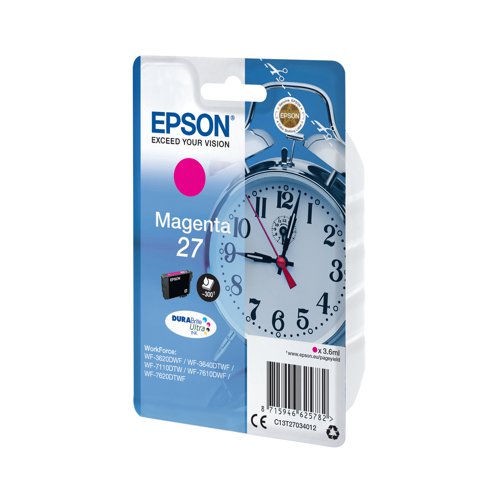 This Epson 27 Magenta Inkjet Cartridge ensures high quality print output from your Epson WorkForce inkjet printer. As a genuine Epson consumable, it ensures consistent and reliable operation for trouble-free printing when you need it most, and is packed with 3.6ml of magenta ink. Epson ensures that every cartridge meets its high standards and works with your machine to provide precise, clear printing.