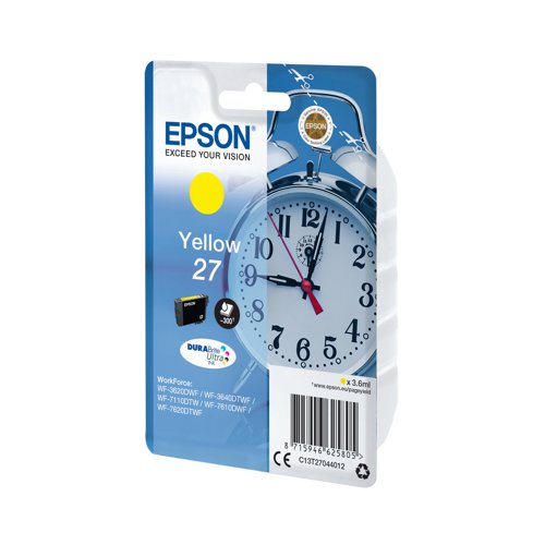 This Epson 27 Yellow Inkjet Cartridge ensures high quality print output from your Epson WorkForce inkjet printer. As a genuine Epson consumable, it ensures consistent and reliable operation for trouble-free printing when you need it most, and is packed with 3.6ml of yellow ink. Epson ensures that every cartridge meets its high standards and works with your machine to provide precise, clear printing.