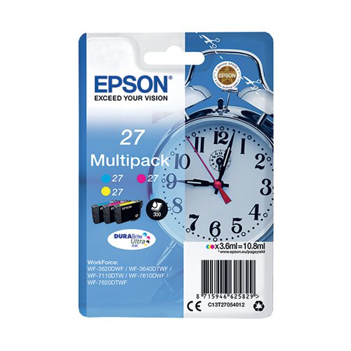 Epson 27 Ink Cartridge DURABrite Ultra Alarm Clock Multipack CMY C13T27054012 Inkjet Cartridges EP62582
