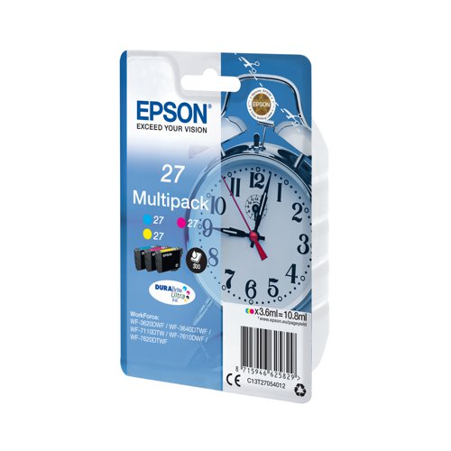 Epson 27 DURABrite Ultra ink produces business quality text documents and lab-quality photos. This all-pigment ink system produces prints are water, smudge and fade resistant. Pack contains one of each: 27 (Cyan), 27 (Magenta), 27 (Yellow).