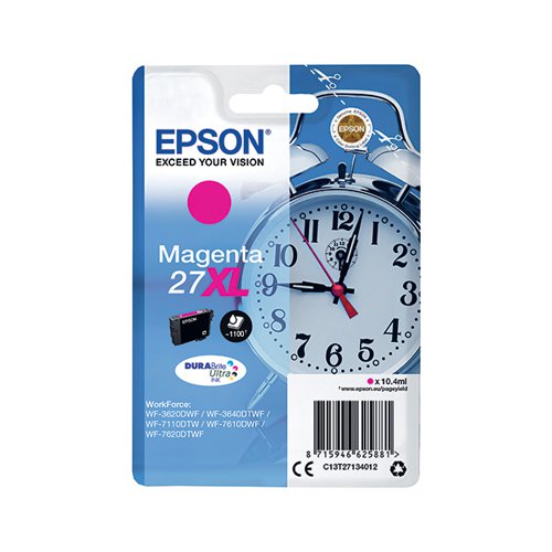 This Epson 27 XL Magenta Inkjet Cartridge ensures high quality print output from your Epson WorkForce inkjet printer. As a genuine Epson consumable, it ensures consistent and reliable operation for trouble-free printing when you need it most, and is packed with 10.4ml of magenta ink. Epson ensures that every cartridge meets its high standards and works with your machine to provide precise, clear printing.