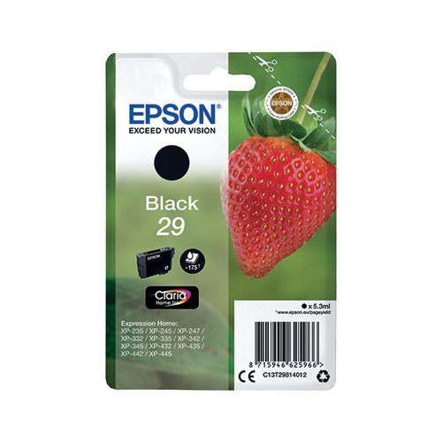 This Epson 29 Black Inkjet Cartridge ensures high quality print output from your Epson Expression Home inkjet printer. As a genuine Epson consumable, it ensures consistent and reliable operation for trouble-free printing when you need it most, and is packed with 5.3ml of black ink. Epson ensures that every cartridge meets its high standards and works with your machine to provide precise, clear printing.