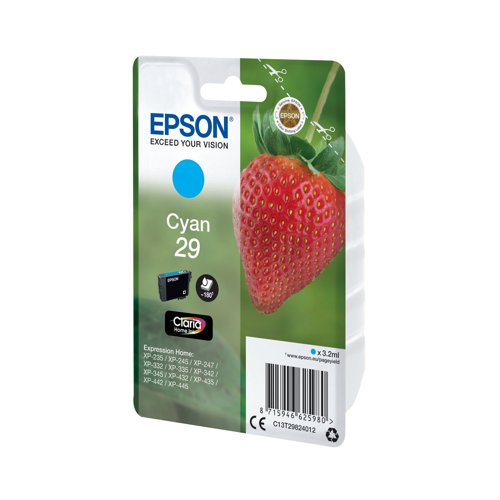This Epson 29 Cyan Inkjet Cartridge ensures high quality print output from your Epson Expression Home inkjet printer. As a genuine Epson consumable, it ensures consistent and reliable operation for trouble-free printing when you need it most, and is packed with 3.2ml of cyan ink. Epson ensures that every cartridge meets its high standards and works with your machine to provide precise, clear printing.