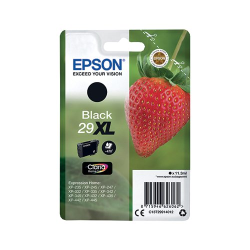 This Epson 29 XL Black Inkjet Cartridge ensures high quality print output from your Epson Expression Home inkjet printer. As a genuine Epson consumable, it ensures consistent and reliable operation for trouble-free printing when you need it most, and is packed with 11.3ml of black ink. Epson ensures that every cartridge meets its high standards and works with your machine to provide precise, clear printing.