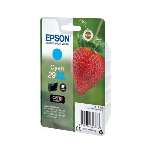 This Epson 29 XL Cyan Inkjet Cartridge ensures high quality print output from your Epson Expression Home inkjet printer. As a genuine Epson consumable, it ensures consistent and reliable operation for trouble-free printing when you need it most, and is packed with 6.4ml of cyan ink. Epson ensures that every cartridge meets its high standards and works with your machine to provide precise, clear printing.