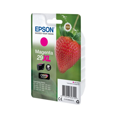 This Epson 29 XL Magenta Inkjet Cartridge ensures high quality print output from your Epson Expression Home inkjet printer. As a genuine Epson consumable, it ensures consistent and reliable operation for trouble-free printing when you need it most, and is packed with 6.4ml of magenta ink. Epson ensures that every cartridge meets its high standards and works with your machine to provide precise, clear printing.