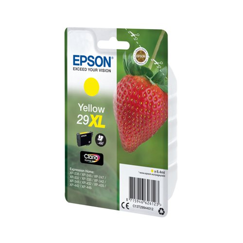 This Epson 29 XL Yellow Inkjet Cartridge ensures high quality print output from your Epson Expression Home inkjet printer. As a genuine Epson consumable, it ensures consistent and reliable operation for trouble-free printing when you need it most, and is packed with 6.4ml of yellow ink. Epson ensures that every cartridge meets its high standards and works with your machine to provide precise, clear printing.