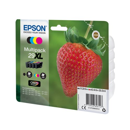 This great value Epson 29 XL multipack contains four cartridges that give you everything you need for reliable and consistent printing with your Epson Expression Home inkjet printer. Four genuine Epson black, cyan, magenta and yellow cartridges ensure great results whether you're printing photos at home or text documents in the office.