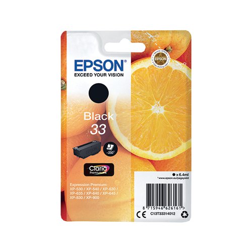 This Epson 33 Black Inkjet Cartridge ensures high quality print output from your Epson Expression Premium inkjet printer. As a genuine Epson consumable, it ensures consistent and reliable operation for trouble-free printing when you need it most, and is packed with 6.4ml of black ink. Epson ensures that every cartridge meets its high standards and works with your machine to provide precise, clear printing.