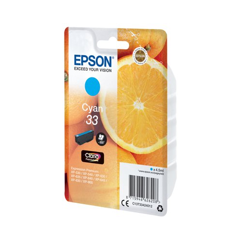 This Epson 33 Cyan Inkjet Cartridge ensures high quality print output from your Epson Expression Premium inkjet printer. As a genuine Epson consumable, it ensures consistent and reliable operation for trouble-free printing when you need it most, and is packed with 4.5ml of cyan ink. Epson ensures that every cartridge meets its high standards and works with your machine to provide precise, clear printing.