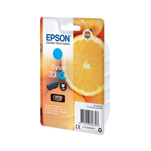 This Epson 33 XL Cyan Inkjet Cartridge ensures high quality print output from your Epson Expression Premium inkjet printer. As a genuine Epson consumable, it ensures consistent and reliable operation for trouble-free printing when you need it most, and is packed with 8.9ml of cyan ink. Epson ensures that every cartridge meets its high standards and works with your machine to provide precise, clear printing.