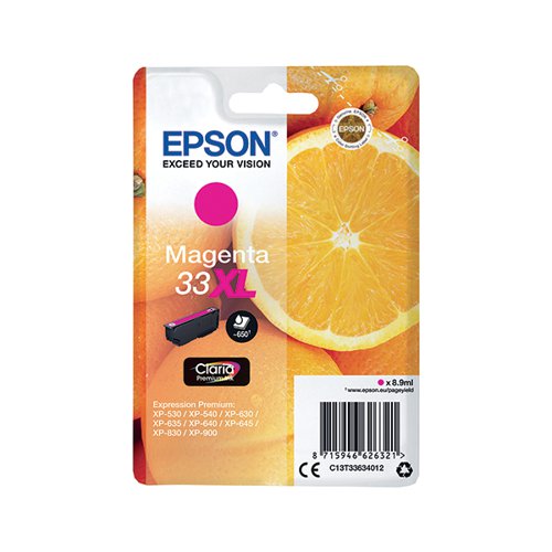 This Epson 33 XL Magenta Inkjet Cartridge ensures high quality print output from your Epson Expression Premium inkjet printer. As a genuine Epson consumable, it ensures consistent and reliable operation for trouble-free printing when you need it most, and is packed with 8.9ml of magenta ink. Epson ensures that every cartridge meets its high standards and works with your machine to provide precise, clear printing.