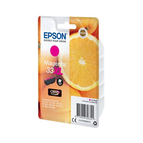 This Epson 33 XL Magenta Inkjet Cartridge ensures high quality print output from your Epson Expression Premium inkjet printer. As a genuine Epson consumable, it ensures consistent and reliable operation for trouble-free printing when you need it most, and is packed with 8.9ml of magenta ink. Epson ensures that every cartridge meets its high standards and works with your machine to provide precise, clear printing.