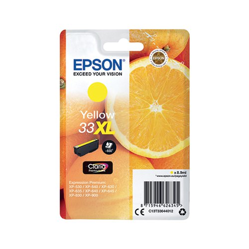 This Epson 33 XL Yellow Inkjet Cartridge ensures high quality print output from your Epson Expression Premium inkjet printer. As a genuine Epson consumable, it ensures consistent and reliable operation for trouble-free printing when you need it most, and is packed with 8.9ml of yellow ink. Epson ensures that every cartridge meets its high standards and works with your machine to provide precise, clear printing.