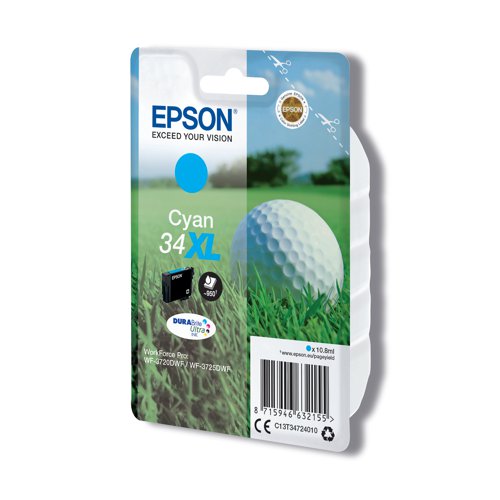 Epson 34XL Ink Cartridge DURABrite Ultra High Yield Golf Ball Cyan C13T34724010 EP63215 Buy online at Office 5Star or contact us Tel 01594 810081 for assistance