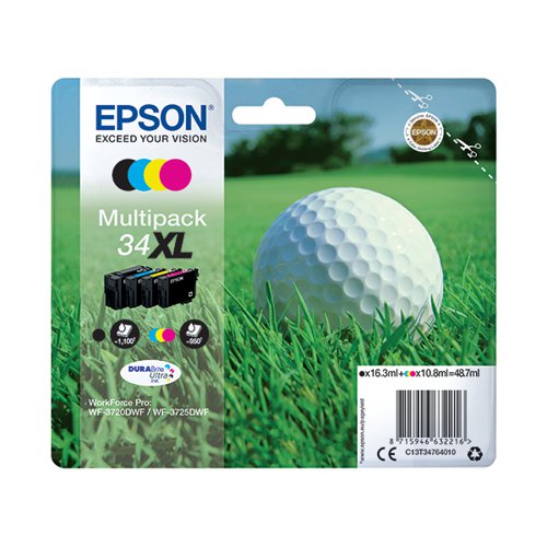 Epson 34XL Ink Cartridge DURABrite Ultra High Yield Multipack Golf Ball CMYK C13T34764010