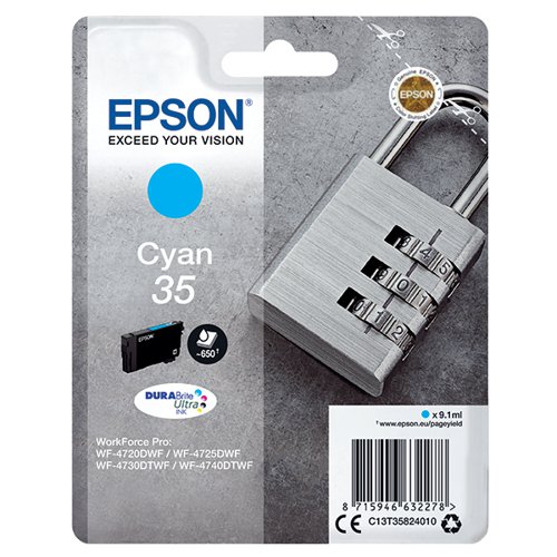 Epson 35 Ink Cartridge DURABrite Ultra Padlock Cyan C13T35824010 EP63227 Buy online at Office 5Star or contact us Tel 01594 810081 for assistance
