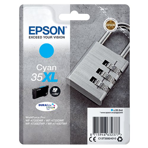 Epson 35XL Ink Cartridge DURABrite Ultra High Yield Padlock Cyan C13T35924010 Inkjet Cartridges EP63237