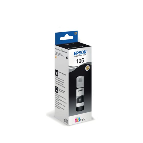 This Epson 106 EcoTank Ink Bottle ensures high quality print output from your Epson EcoTank inkjet printer. As a genuine Epson consumable, it ensures consistent and reliable operation for trouble-free printing when you need it most, and is packed with 70ml of black ink. Epson ensures that every cartridge meets its high standards and works with your machine to provide precise, clear printing.