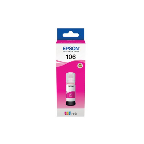 This Epson 106 EcoTank Ink Bottle ensures high quality print output from your Epson EcoTank inkjet printer. As a genuine Epson consumable, it ensures consistent and reliable operation for trouble-free printing when you need it most, and is packed with 70ml of magenta ink. Epson ensures that every cartridge meets its high standards and works with your machine to provide precise, clear printing.