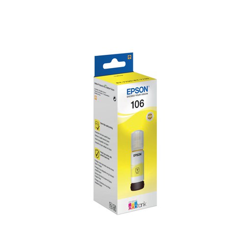 This Epson 106 EcoTank Ink Bottle ensures high quality print output from your Epson EcoTank inkjet printer. As a genuine Epson consumable, it ensures consistent and reliable operation for trouble-free printing when you need it most, and is packed with 70ml of yellow ink. Epson ensures that every cartridge meets its high standards and works with your machine to provide precise, clear printing.