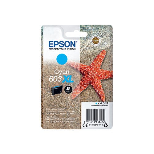 EP66637 Epson 603XL Ink Cartridge High Yield Starfish Cyan C13T03A24010