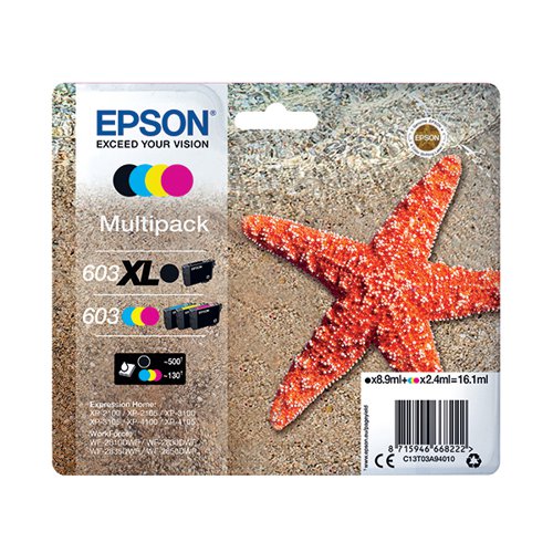 Epson Starfish 603XL Black/603 CMY Ink Multipack 8.9ml + 3x2.4ml C13T03A94010 [Pack 4]