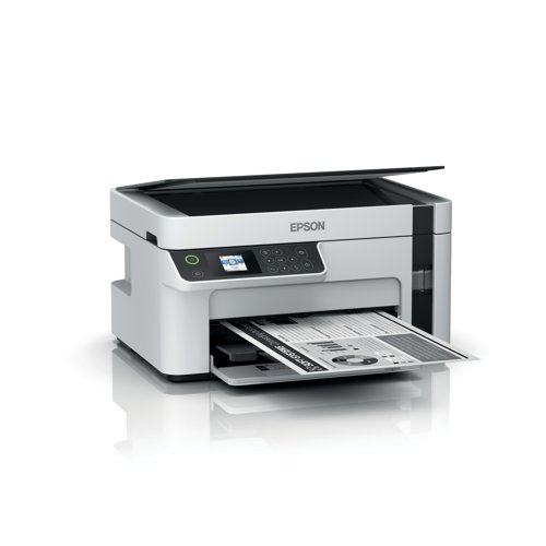 The Epson EcoTank ET-M2120 is a reliable, time-saving and energy efficient EcoTank which features print, copy, scan and mobile printing. Delivering a first page in as little as 6 seconds, no warm up time. With a 20 ppm print output, printing jobs will be completed efficiently, speeding through everyday tasks. Offering a cost-efficient solution, one bottle of EcoTank ink is the equivalent of five toner cartridges, 5,000 page yield. The refillable ink tank printer is durable, fast and energy efficient, and this model features a Micro Piezo printhead and 150-sheet front tray. Reducing your printing cost.