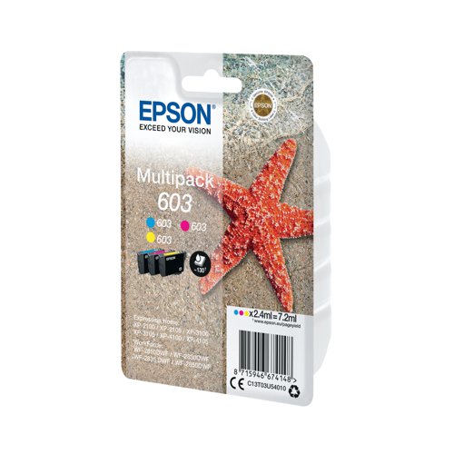 This Epson Starfish 603 multipack contains cyan, magenta and yellow ink for use in Epson Expression Home XP-2100, XP-2105, XP-2150, XP-2155, XP-3100, XP-3105, XP-3150, XP-3155, XP-4100, XP-4105, XP-4150, XP-4155; WorkForce WF-2810DWF, WF-2820DWF, WF-2830DWF, WF-2835DWF, WF-2840DWF, WF-2845DWF, WF-2850DWF, WF-2870DWF inkjet printers. Each cartridge contains 2.4ml of ink each, with a print yield of up to 130 pages. This pack contains 3 ink cartridges.