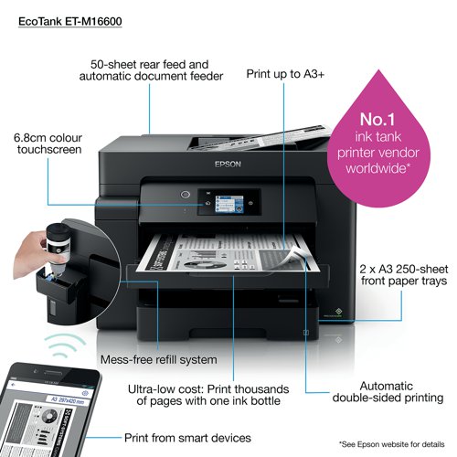 The Epson EcoTank Mono ET-M16600 is an A3+ mono printer and scanner, feature-rich, fast and low cost, delivering a first page in as little and five and half seconds, no warm up time required. With a 550-sheet paper tray and 50 sheet ADF it is up to the most demanding environments. With a 25 ppm monochrome print output, printing jobs will be completed efficiently, speeding through everyday tasks. EcoTank features a large ink tank that you fill with low-cost ink bottles, from one set of replacement ink you can product up to 7,500 pages in black. Scanning via a contact image sensor and has an optical resolution of 1200 x 2400 dpi.
