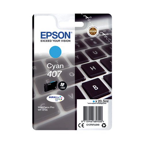 Epson 407 Ink Cartridge DURABrite Ultra WF-4745 Series Keyboard Cyan C13T07U240 Inkjet Cartridges EP68950