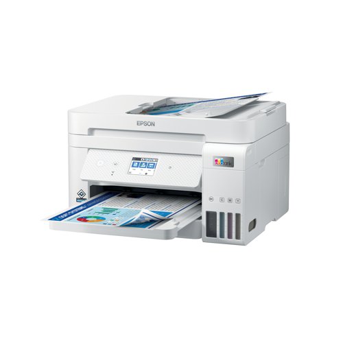 This Epson ET-4856 Inkjet printer can print, scan, copy and fax ideal for home offices and small businesses. Refillable ink tanks using cost saving replacement ink bottles. Printing is fast with no warm-up time, the PrecisionCore technology offers improved reliability, less downtime and less environmental impact. Features include an automatic document feeder for up to 35 pages and duplex printing. All controlled via a 610mm colour touch panel.