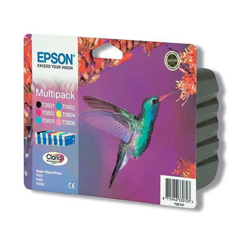 Epson T0807 Claria Photographic ink produces stunning photos that look better and last longer than those from the photo lab. Print professional quality photos from high-resolution digital cameras. Achieve a wide colour gamut and smooth gradations. Prints are water, smudge and fade resistant. Pack contains one of each: T08011 (Black), T0802 (Cyan), T0803 (Magenta), T0804 (Yellow), T0805 (Light Cyan), T0806 (Light Magenta).
