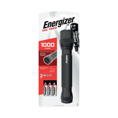 ER43028 | The Energizer Tactical 1000 Performance LED Torch delivers high performance in a durable and reliable construction. It has a rugged construction and is made of durable aircraft grade Aluminium. Featuring a shatterproof lens, rear push button to easily change modes while holding the light. It operated on 6 x AA batteries which are included.
