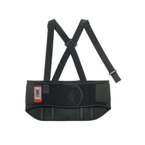 The Ergodyne standard elastic back support has a 22.8cm (9 inch) all-elastic body for extra firm support. Designed with a contoured high-cut front panel. The polypropylene stays are non-conductive. For good fit and comfort there are adjustable, detachable suspenders. Features stretchable bias binding with zig-zag stitching and rubber track webbing.