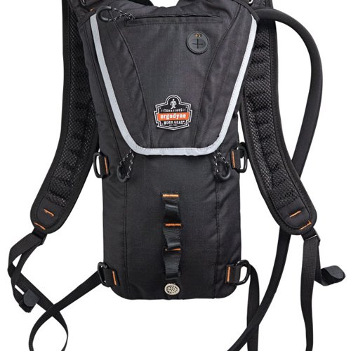 Lightweight and low profile, this portable water source offers unique features to help keep workers hydrated and safe. Durable 600D water-resistant rip stop polyester shell, Vented shoulder straps and back for maximum breathability, 8mm EVA foam padding on shoulder straps for added comfort. One zippered compartment, multiple d-rings and nylon daisy chain webbing for gear storage, Reflective accent for higher visibility. The insulated pack and tube keeps water cool with 100% anti-microbial bite valve with cover to protect against contaminants. Breakaway shoulder straps for added safety. Dual Cap bladder featuring Smaller (60mm) cap nestled into Larger (80mm) cap for easy water and ice filling. Capacity: 3L (3000ml) / 101oz / 3.3 hours. Ideal for Fire/Rescue/EMT, Construction, Freight/Baggage, Oil/Gas Refining, Drilling/Mining, Landscaping/Grounds.