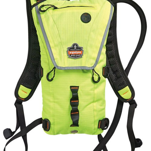Lightweight and low profile, this portable water source offers unique features to help keep workers hydrated and safe. Durable 600D water-resistant rip stop polyester shell, Vented shoulder straps and back for maximum breathability, 8mm EVA foam padding on shoulder straps for added comfort. One zippered compartment, multiple d-rings and nylon daisy chain webbing for gear storage, Reflective accent for higher visibility. The insulated pack and tube keeps water cool with 100% anti-microbial bite valve with cover to protect against contaminants. Breakaway shoulder straps for added safety. Dual Cap bladder featuring Smaller (60mm) cap nestled into Larger (80mm) cap for easy water and ice filling. Capacity: 3L (3000ml) / 101oz / 3.3 hours. Ideal for Fire/Rescue/EMT, Construction, Freight/Baggage, Oil/Gas Refining, Drilling/Mining, Landscaping/Grounds.