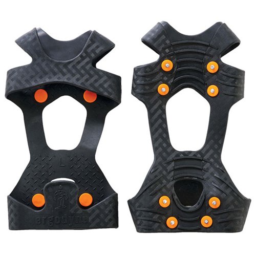 Ergodyne Ice Traction Boot Attachment. One piece ice traction device for shoes or boots for grip and stability. Rugged steel studs. Stretchable rubber for easy on/off fit. Abrasion Resistant. Hand Washable. Water Repellent.